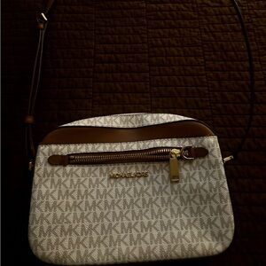 Michael Kors Vanilla Logo and Brown Trim Crossbody Bag
